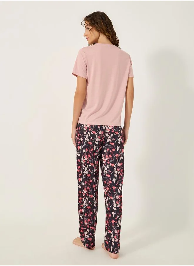 Styli Solid Button Placket T-Shirt and Floral Print Pyjama Pants Set