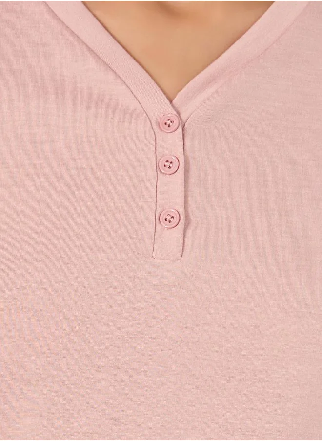 Styli Solid Button Placket T-Shirt and Floral Print Pyjama Pants Set
