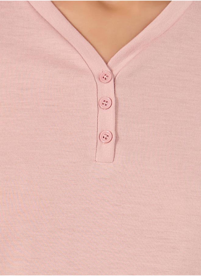 Styli - Solid Button Placket T-Shirt and Floral Print Pyjama Pants Set - Image 1