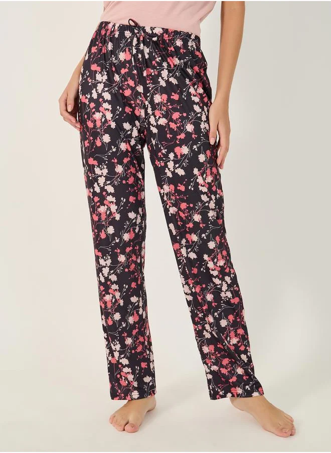 Styli Solid Button Placket T-Shirt and Floral Print Pyjama Pants Set