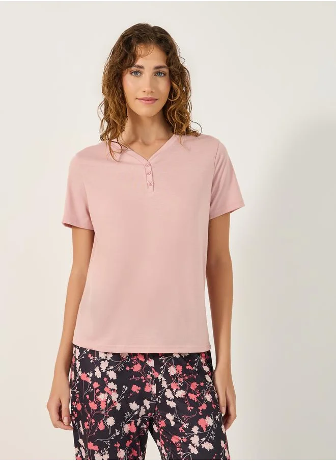 Styli Solid Button Placket T-Shirt and Floral Print Pyjama Pants Set