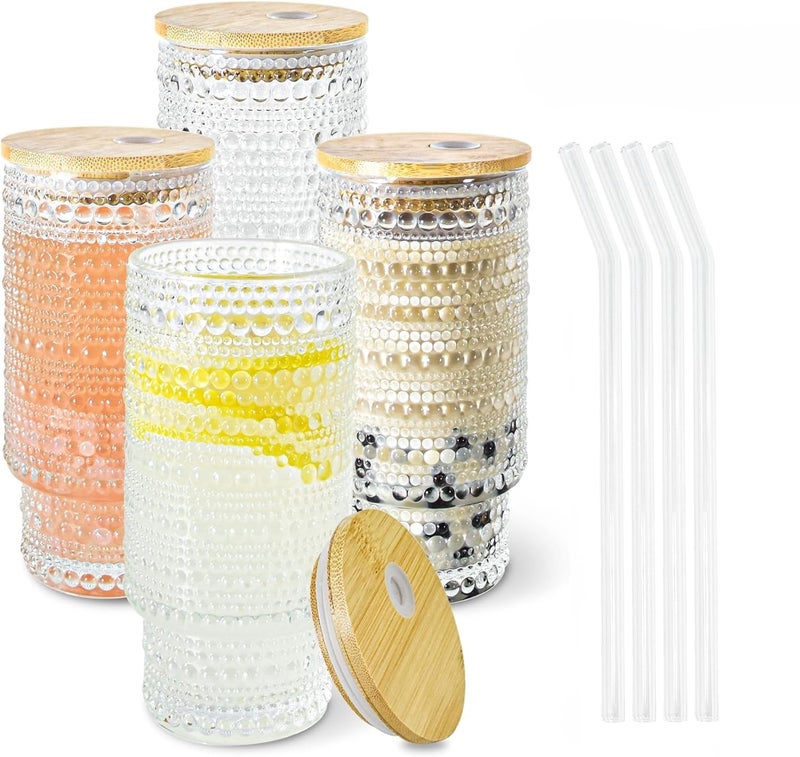 KHOLAD Fluted Textured Old Fashion Embossed Drinking Glasses Tumbler with Bamboo Lid Glass Straw Pack of 2 400ml Clear Glass Coffee Sipper Bottle for Beer Cocktail Home Travel Cup 2 - Image 1