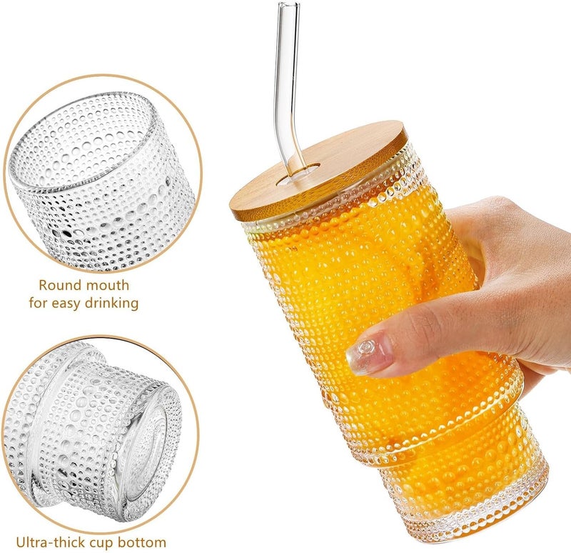 KHOLAD Fluted Textured Old Fashion Embossed Drinking Glasses Tumbler with Bamboo Lid Glass Straw Pack of 2 400ml Clear Glass Coffee Sipper Bottle for Beer Cocktail Home Travel Cup 2 - Image 2