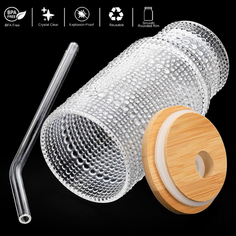 KHOLAD Fluted Textured Old Fashion Embossed Drinking Glasses Tumbler with Bamboo Lid Glass Straw Pack of 2 400ml Clear Glass Coffee Sipper Bottle for Beer Cocktail Home Travel Cup 2 - Image 5