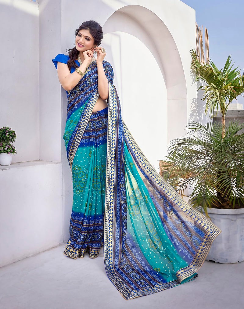 Yashika Women's Georgette Printed Saree with Jacquard Lace & Blouse Material - Perfect for 2024's Festivals & Occasions! Beautifully Crafted, Traditional Elegance (AZ-YS-P1-YASTIKA BLUE) - Image 2