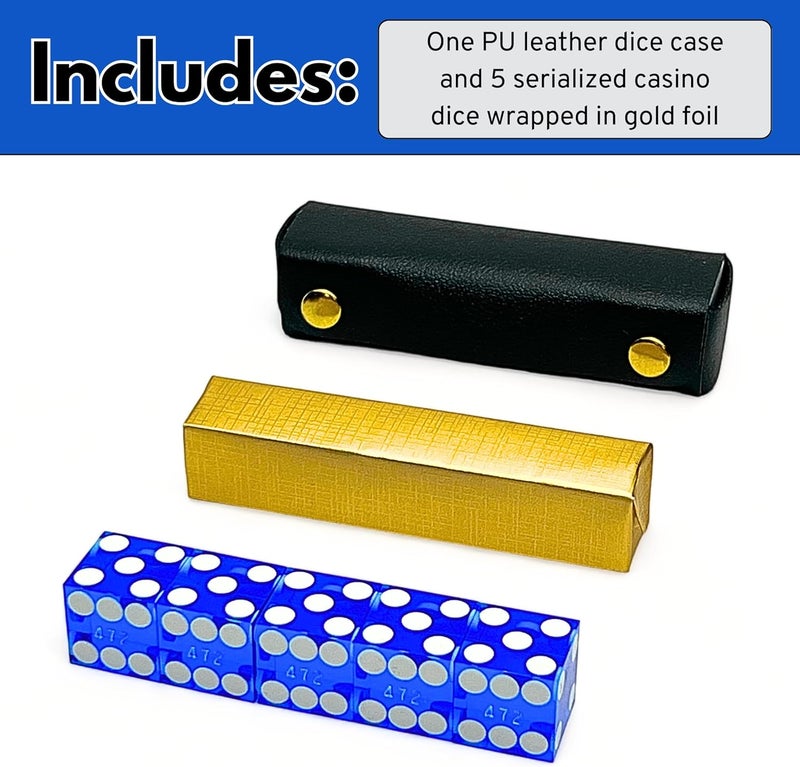 Luck Lab Grade AAA 19mm Casino Dice with Razor Edges and Matching Serial Numbers Set of 5 and Leather Dice Case, Blue - Image 3