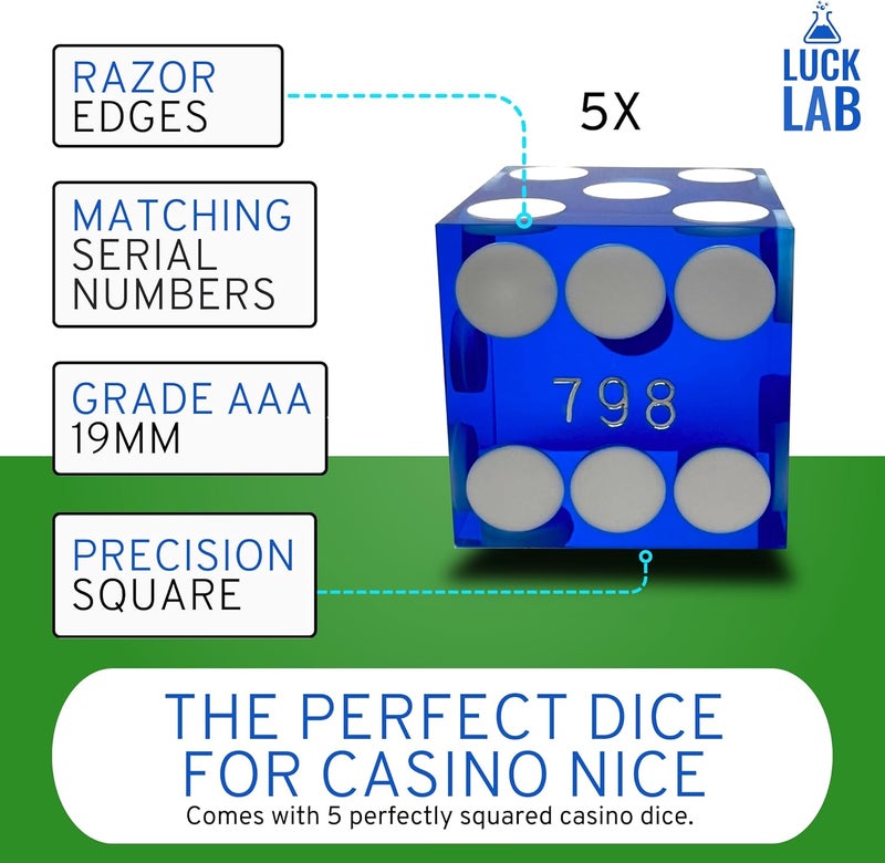Luck Lab Grade AAA 19mm Casino Dice with Razor Edges and Matching Serial Numbers Set of 5 and Leather Dice Case, Blue - Image 4