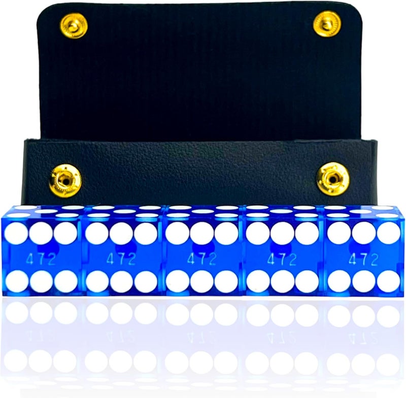 Luck Lab Grade AAA 19mm Casino Dice with Razor Edges and Matching Serial Numbers Set of 5 and Leather Dice Case, Blue - Image 2