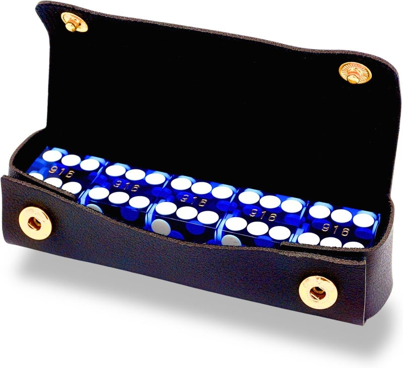 Luck Lab Grade AAA 19mm Casino Dice with Razor Edges and Matching Serial Numbers Set of 5 and Leather Dice Case, Blue - Image 1