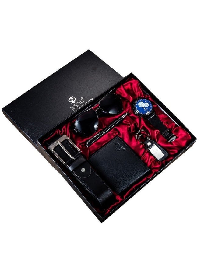 JESOU 6-in-1 Deluxe Gift Set: Sunglasses, Belt, Wallet, Keychain, Signature Pen, and Large Dial Quartz Watch. - Image 1