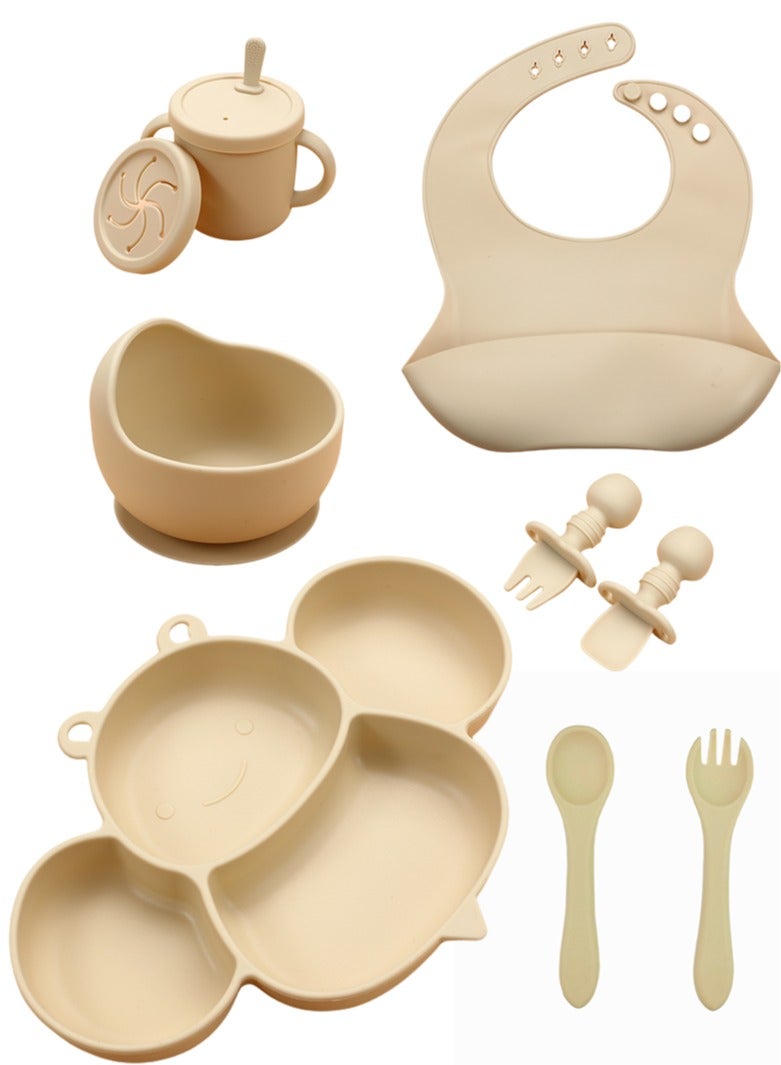 RAKAY Baby Feeding Set, 8-Piece Silicone Cutlery, Beige. With Bibs, Bowls, Cups, Straws, Lids, Bee Plates, Short-Handled Fork Spoons, Long Fork Spoons 