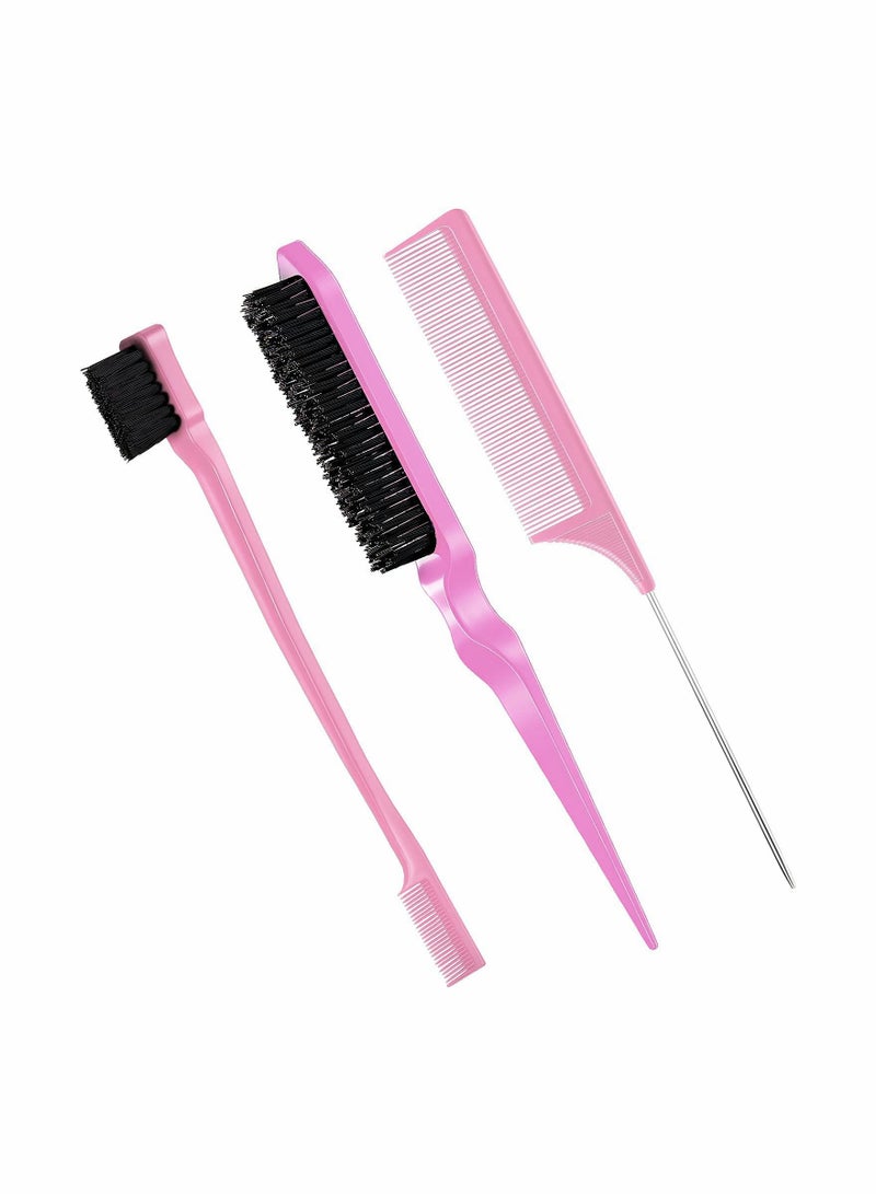 SYOSI 3 Pcs Slick Back Hair Brush Set Hair Brush Edge Control Brush Teasing Comb Rat Tail Comb for Women Baby Kids' Black Hair (Pink)  - Image 1