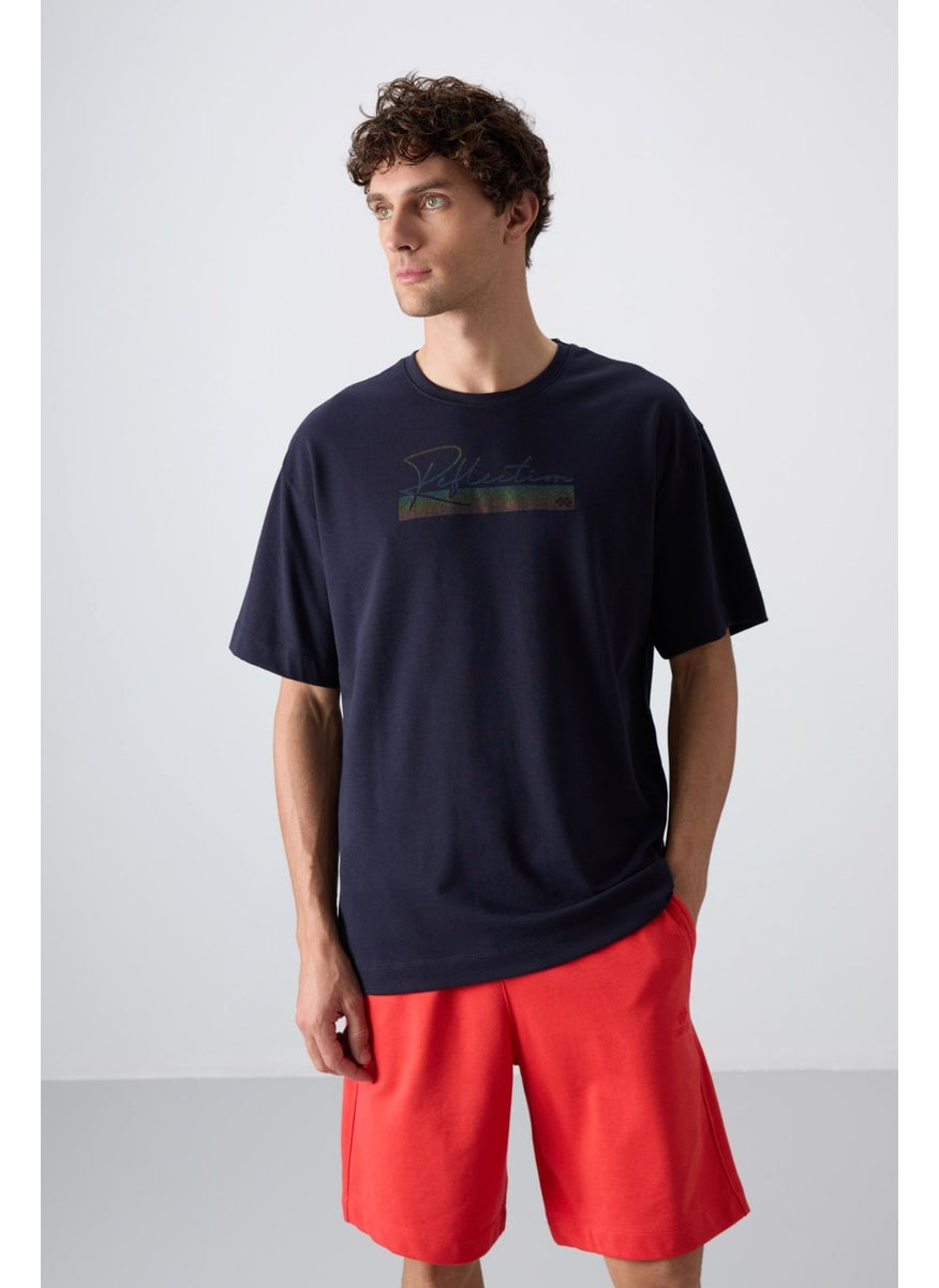 Tommy Life Navy Blue Cotton Thick Soft Texture Oversize Fit Printed Men's T-Shirt - 88334  - Image 1