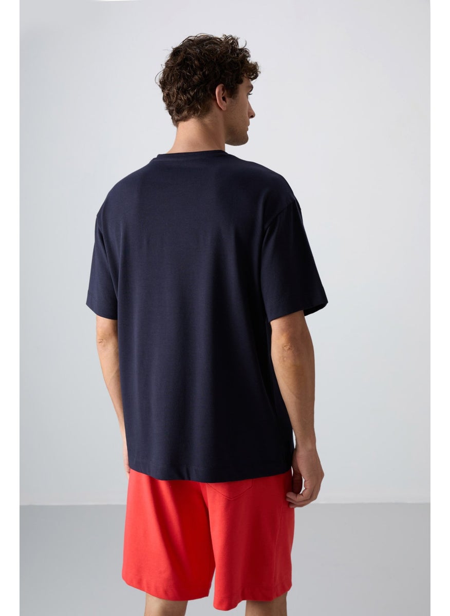 Tommy Life Navy Blue Cotton Thick Soft Texture Oversize Fit Printed Men's T-Shirt - 88334  - Image 4