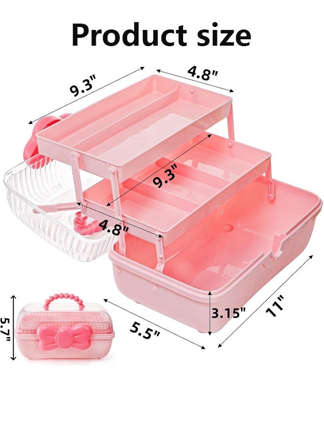 XiuWoo 3-Layer Kids Hair Accessories Organizer with Bowknot Lock Cute Jewelry Box Headband Hair Tie Clip Organizer Box for Little Girls - Pink  - Image 2