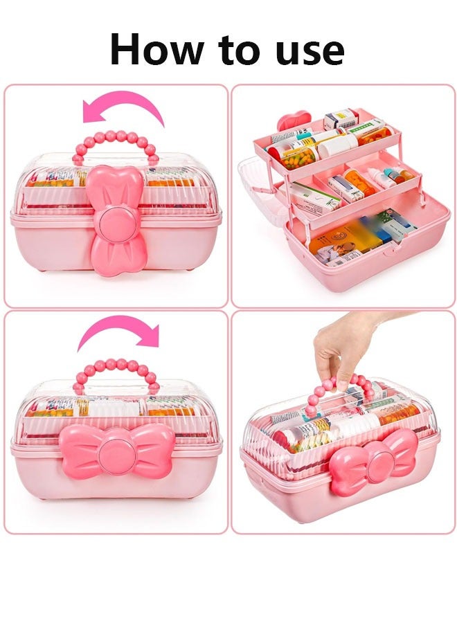 XiuWoo 3-Layer Kids Hair Accessories Organizer with Bowknot Lock Cute Jewelry Box Headband Hair Tie Clip Organizer Box for Little Girls - Pink  - Image 5