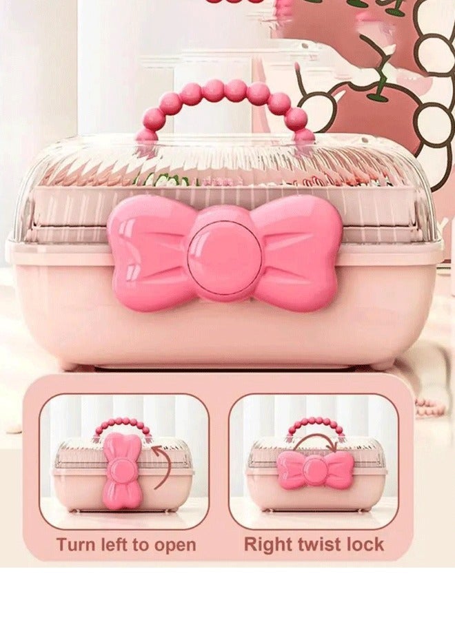 XiuWoo 3-Layer Kids Hair Accessories Organizer with Bowknot Lock Cute Jewelry Box Headband Hair Tie Clip Organizer Box for Little Girls - Pink  - Image 1