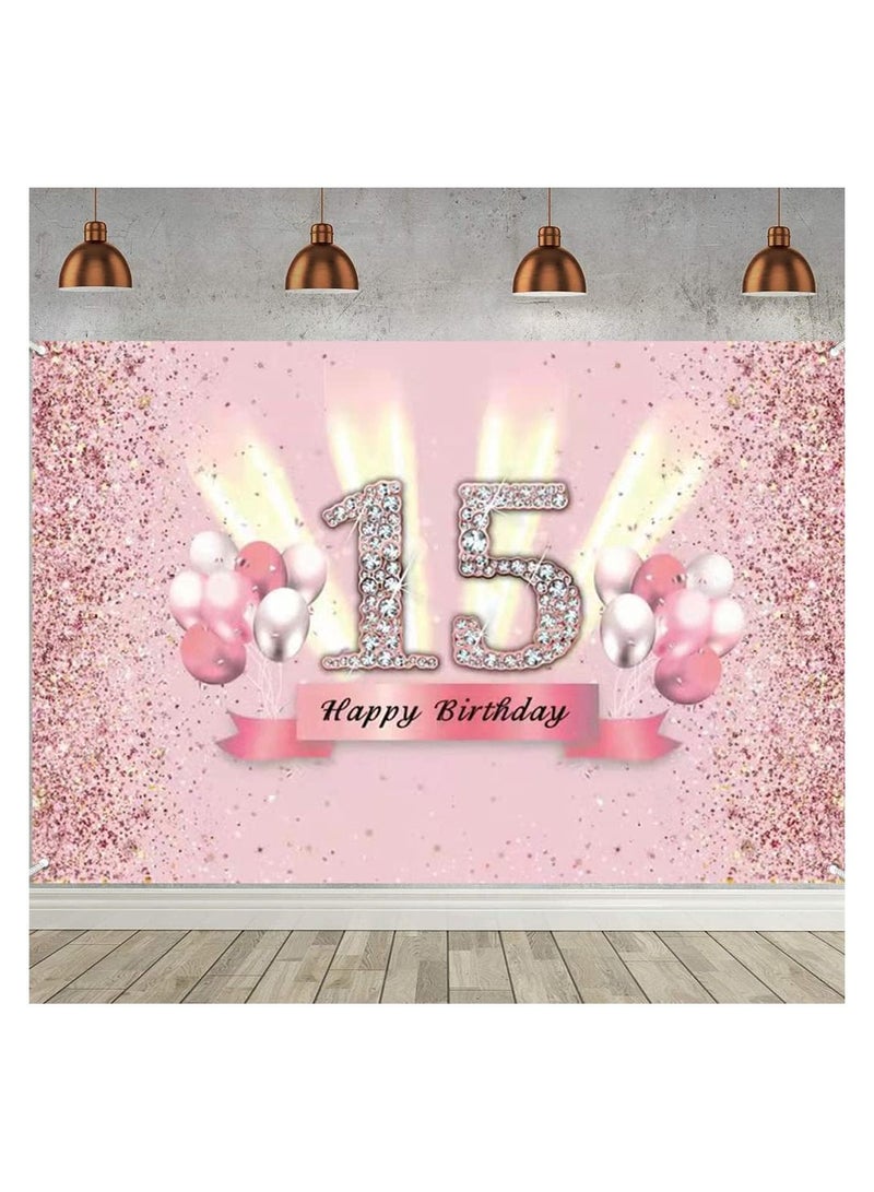 Y&D 15th Birthday Decoration Backdrop for Girls Fabric Sign Poster Party Photo Booth Background Pink Banner Wall Garden Cake Table Decor  - Image 1