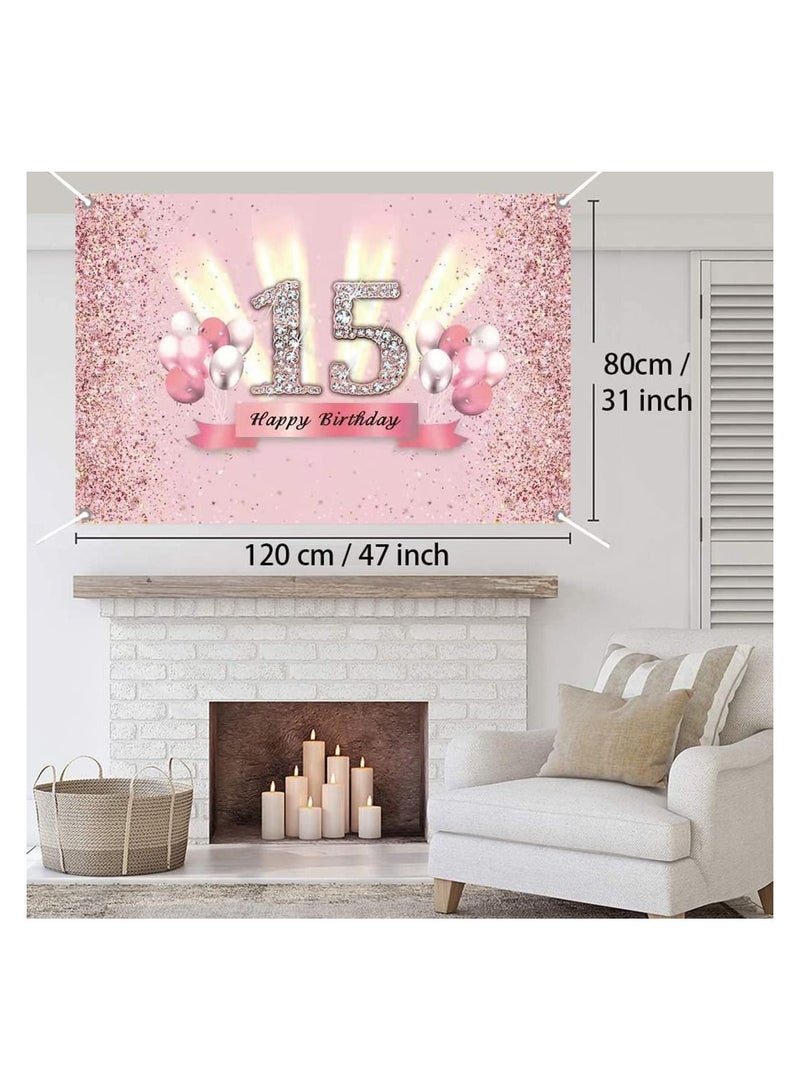 Y&D 15th Birthday Decoration Backdrop for Girls Fabric Sign Poster Party Photo Booth Background Pink Banner Wall Garden Cake Table Decor  - Image 5