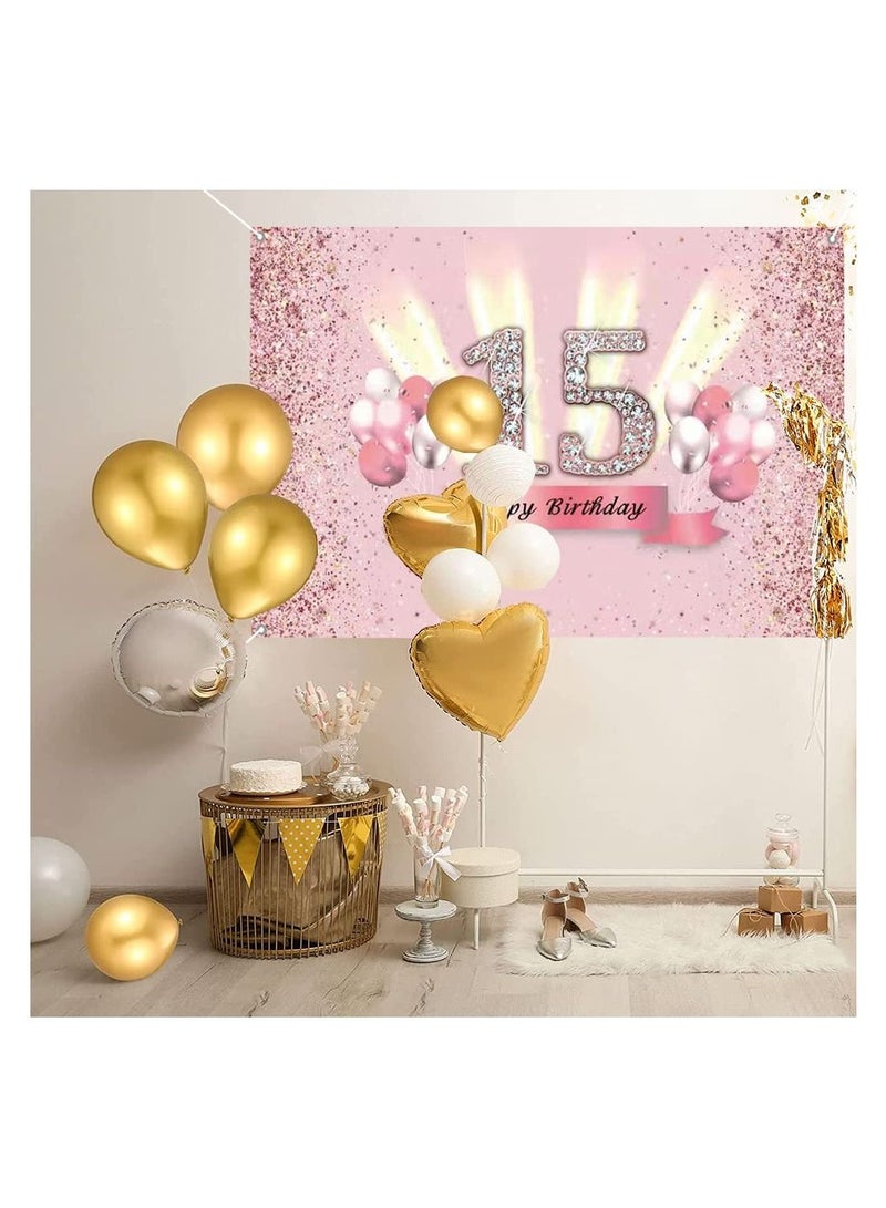 Y&D 15th Birthday Decoration Backdrop for Girls Fabric Sign Poster Party Photo Booth Background Pink Banner Wall Garden Cake Table Decor  - Image 2