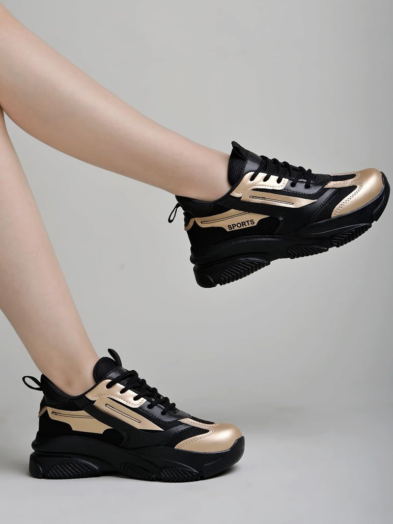 Shoetopia Women's Fashion Chunky Sneakers – Black Mesh Running Shoes with Gold Detail, Lightweight Breathable Trainers for Walking, Gym, Casual EU36 - Image 4