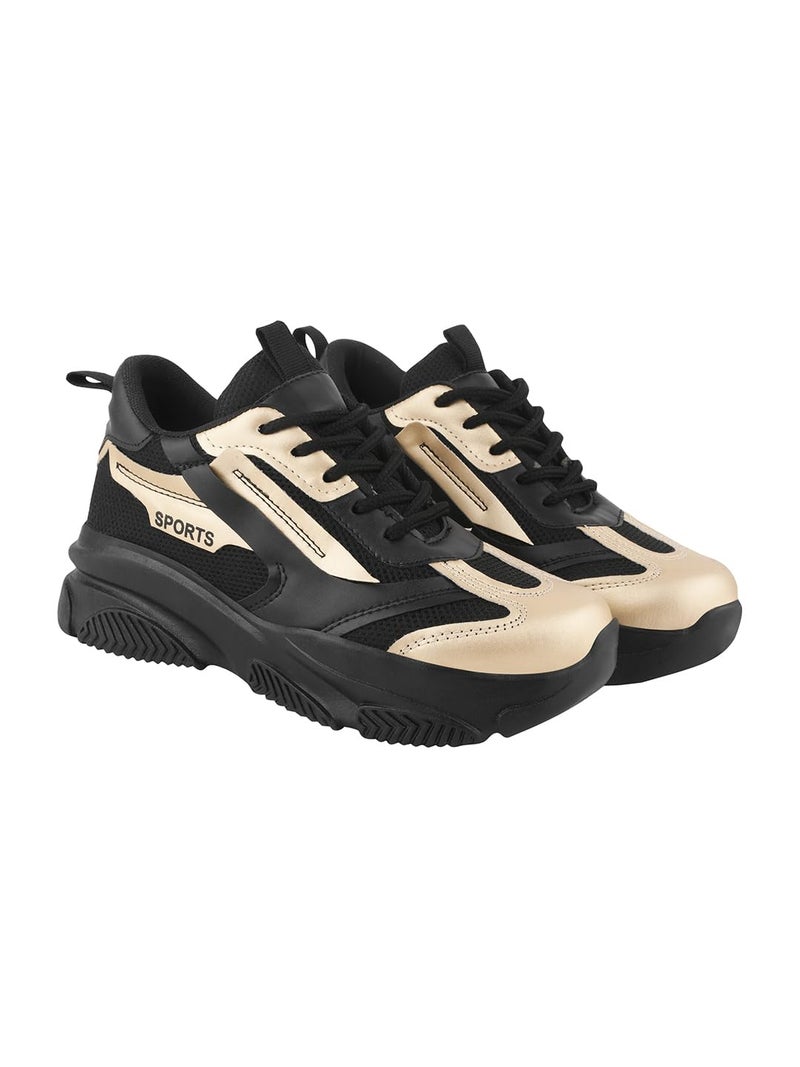 Shoetopia Women's Fashion Chunky Sneakers – Black Mesh Running Shoes with Gold Detail, Lightweight Breathable Trainers for Walking, Gym, Casual EU36 - Image 1