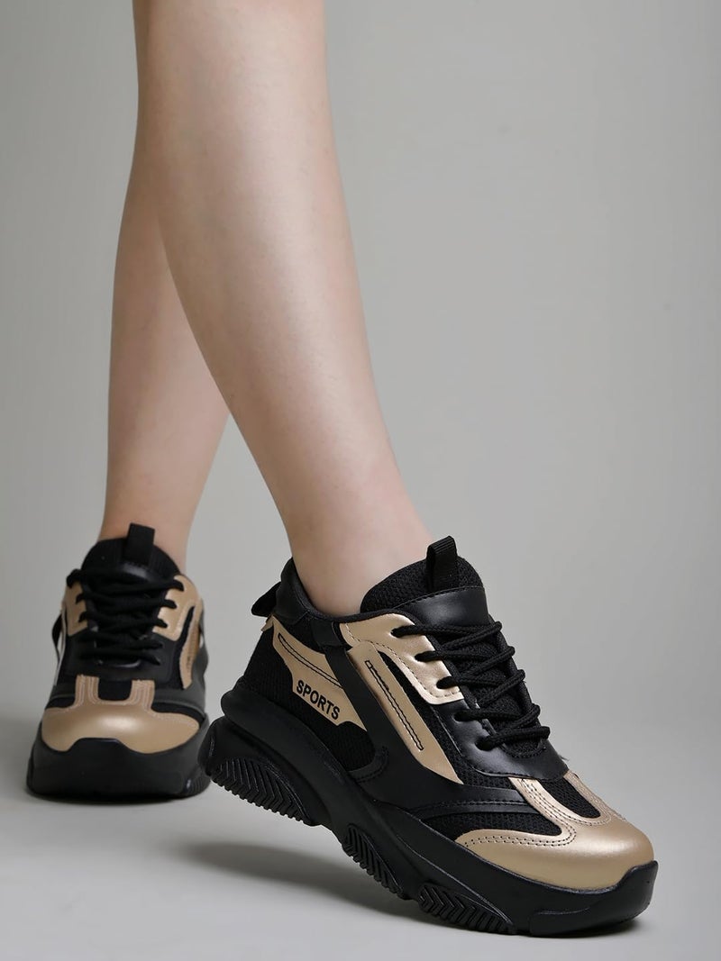Shoetopia Women's Fashion Chunky Sneakers – Black Mesh Running Shoes with Gold Detail, Lightweight Breathable Trainers for Walking, Gym, Casual EU36 - Image 3