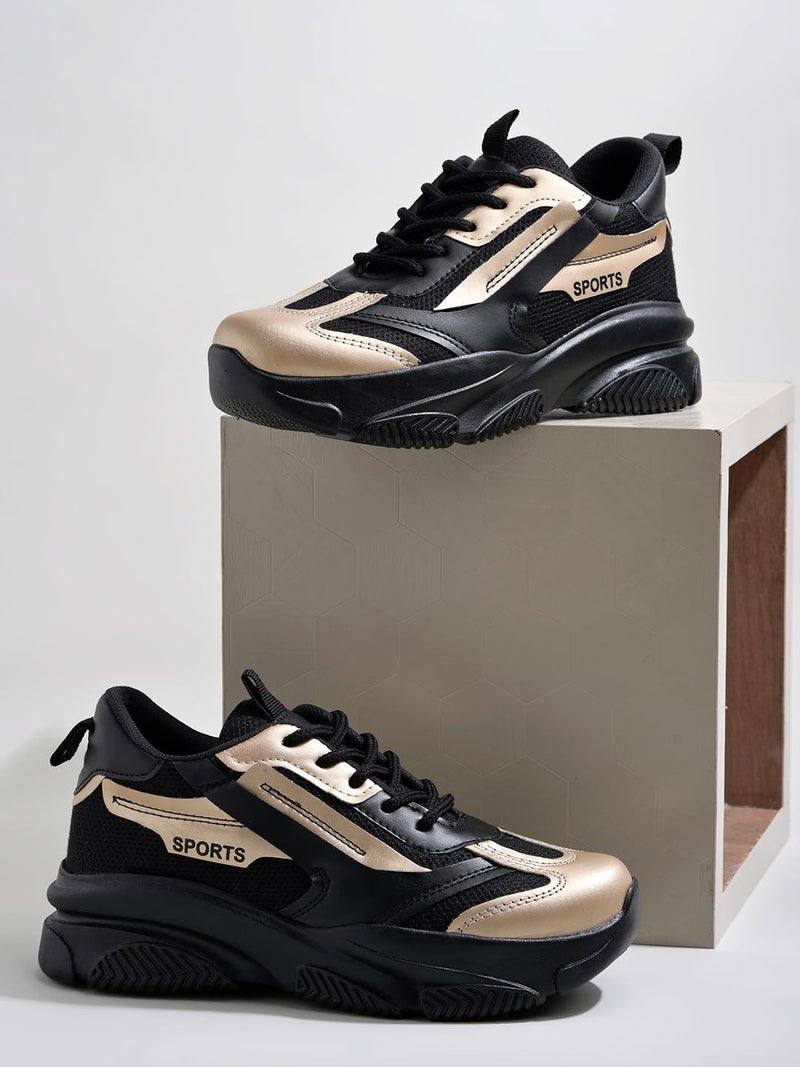 Shoetopia Women's Fashion Chunky Sneakers – Black Mesh Running Shoes with Gold Detail, Lightweight Breathable Trainers for Walking, Gym, Casual EU36 - Image 5