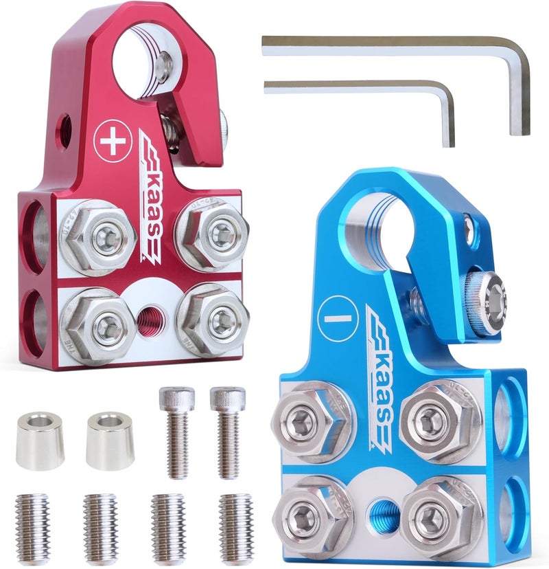 KAAS 6x1/0 Modular Car Battery Terminal Connector, 4/0 AWG, 8AWG, Interchangeable Heads M4-M10, 1/4-20, 3/8-16, Red/Blue Set, Suitable for Bolt Down & Threaded Lithium/AGM Batteries, M8/5/16”-18 - Image 1