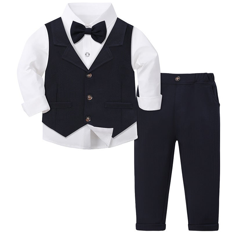 Babys Gentleman Vest Three-Piece Childrens Dress Spring and Autumn New Boys Clothes European and American Style Shirt suit Navy blue