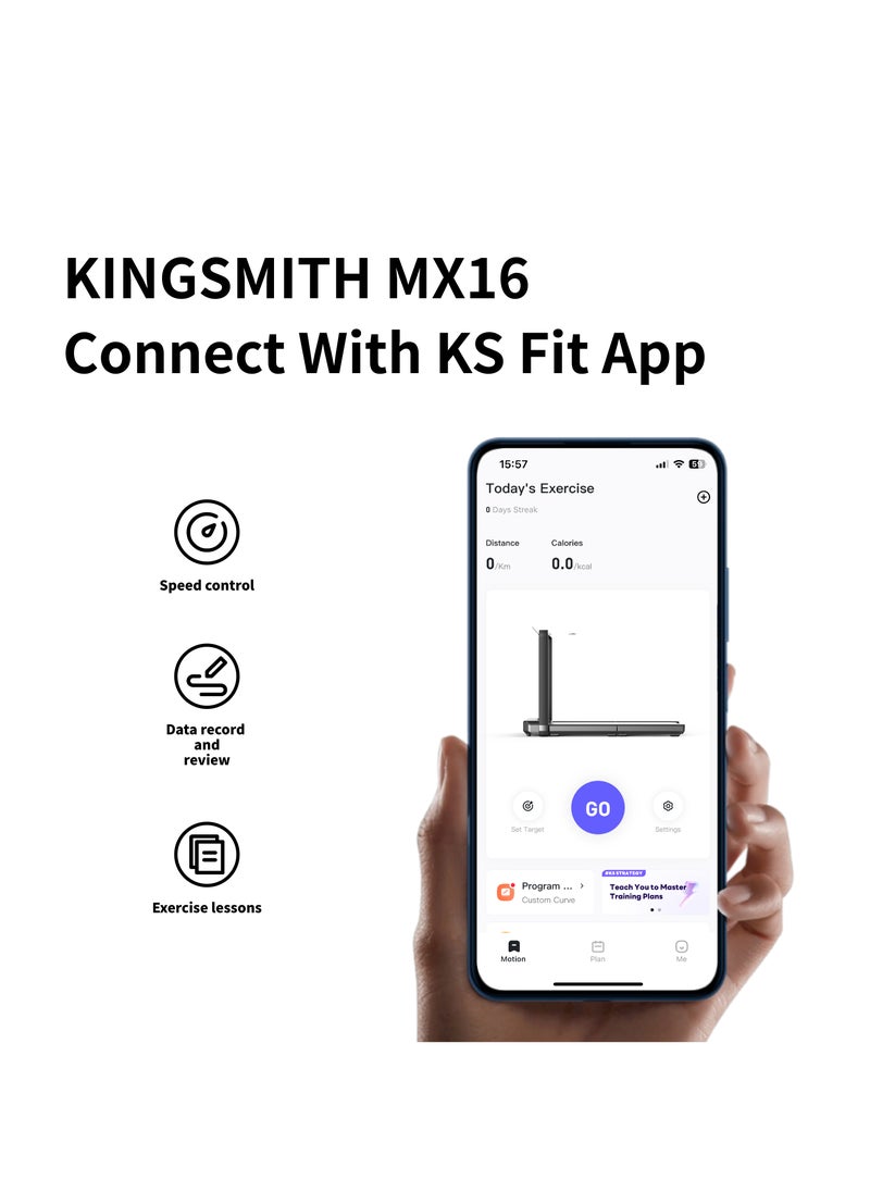 KINGSMITH - TRMX16F-جهاز المشي MX16 مع أقصى سرعة 16كم/ساعة، مع محرك فرش 1.5HP | للاستخدام المنزلي والمكتبي | حتى 136كجم أقصى حمل | مقبض التحكم في السرعة | دعم التطبيق - Image 1