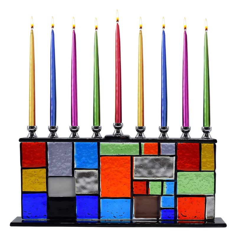 Ner Mitzvah Glass Hanukkah Menorah - Wall of Unity Multicolored Chanukah - Handcrafted Painted Glass - Fits All Standard Candles - Image 1