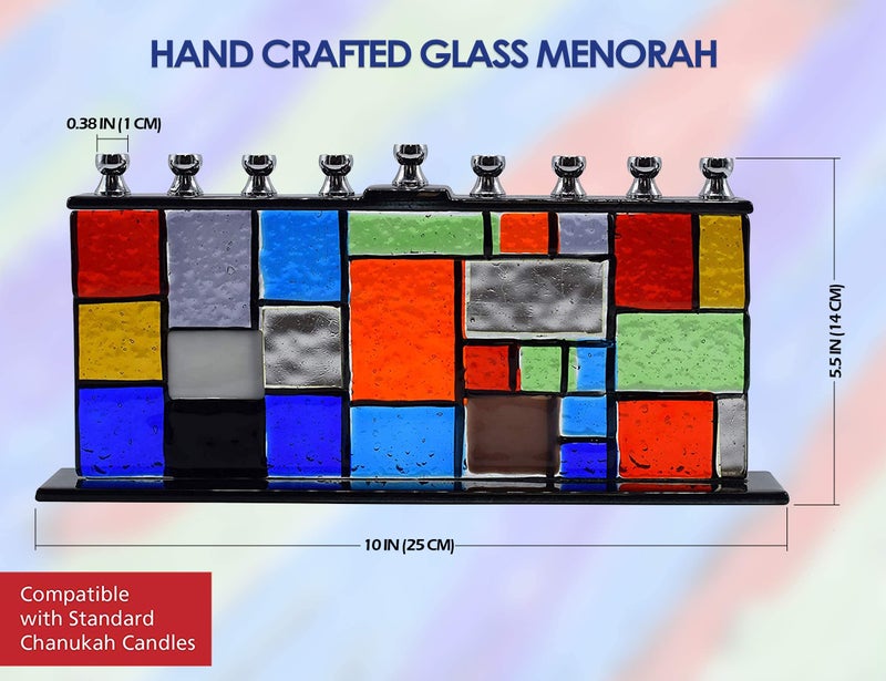 Ner Mitzvah Glass Hanukkah Menorah - Wall of Unity Multicolored Chanukah - Handcrafted Painted Glass - Fits All Standard Candles - Image 3