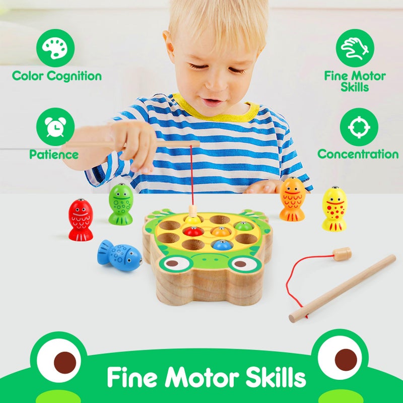NAODONGLI Magnetic Wooden Fishing Game Toys for Toddlers,Wooden Frog Magnets Fishing Learning Color Sorting Puzzle Montessori Preschool Educational Fine Motor Skills for 3 4 5 Years Old Boys Girls - Image 2