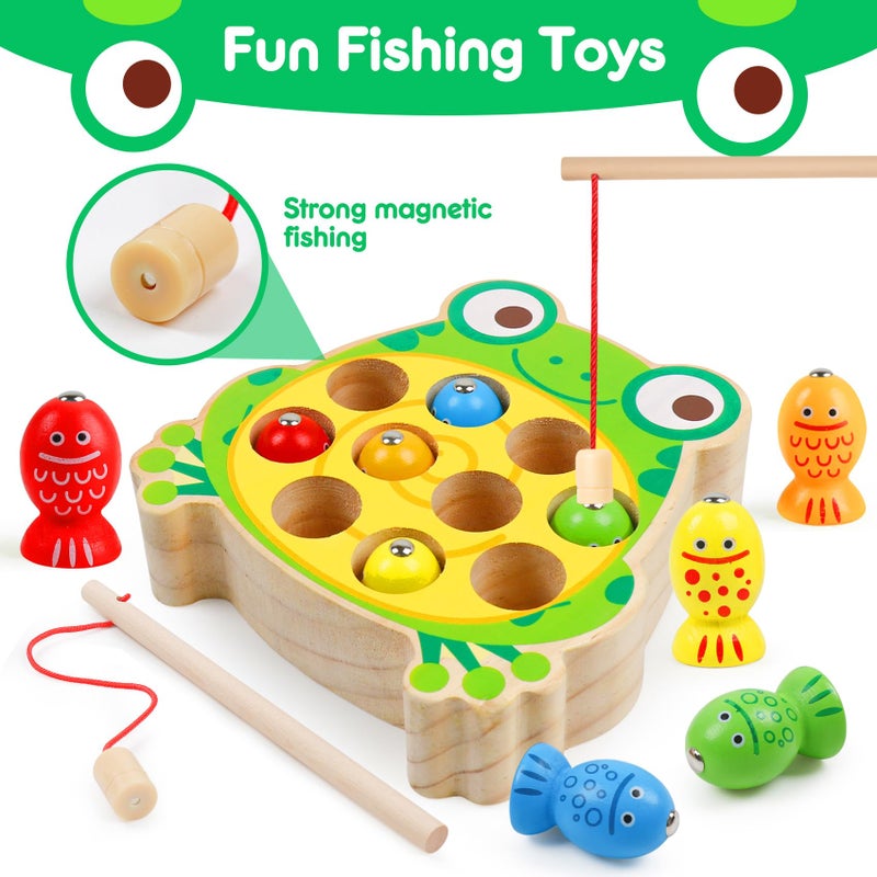 NAODONGLI Magnetic Wooden Fishing Game Toys for Toddlers,Wooden Frog Magnets Fishing Learning Color Sorting Puzzle Montessori Preschool Educational Fine Motor Skills for 3 4 5 Years Old Boys Girls - Image 5