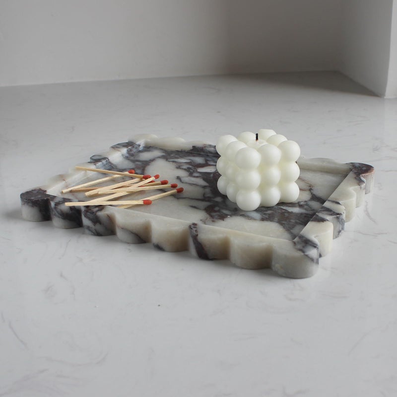 Natust Natural Luxury Scalloped Marble Tray 10.8"x8", Rectangle Vanity Tray for Bathroom Kitchen Counter, Decorative Tray for Dresser Home Decor - Calacatta Purple - Image 1