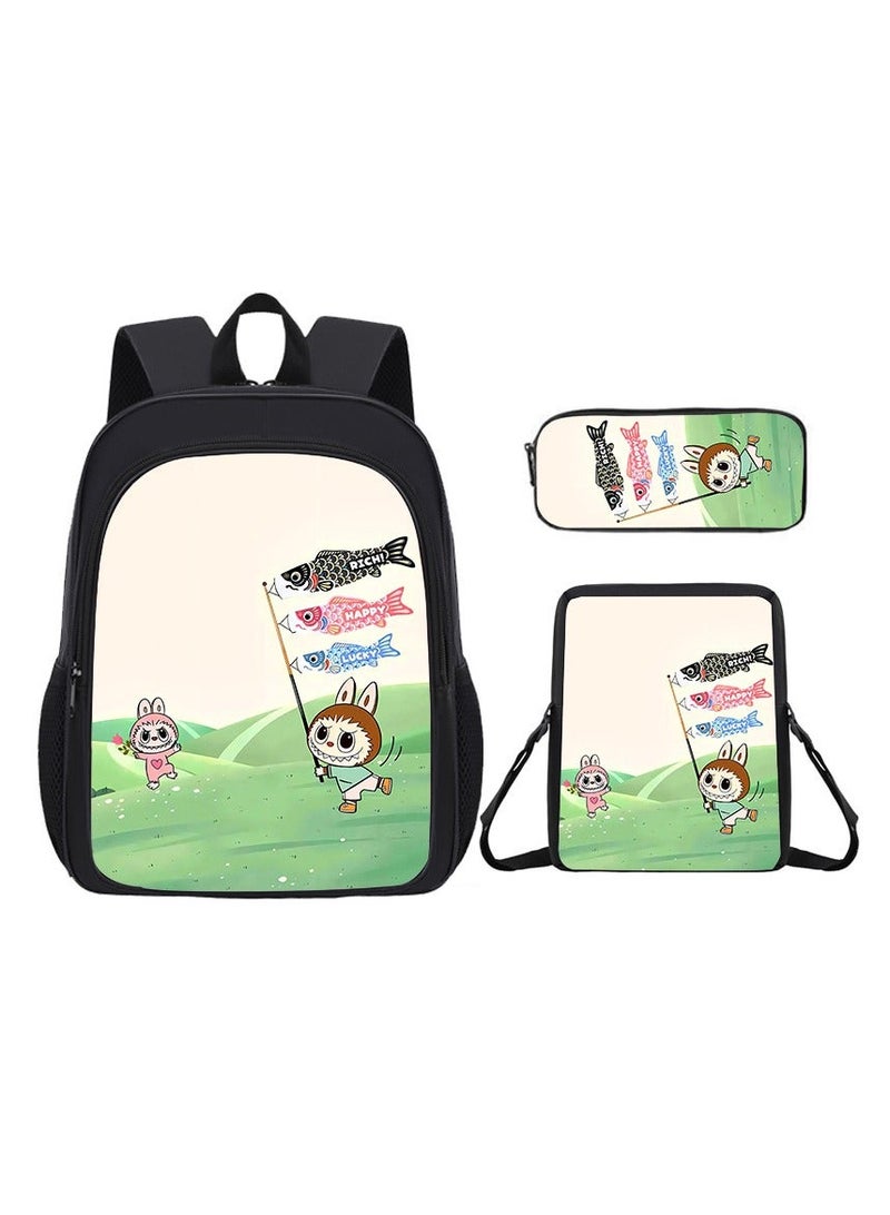 Labubu Student Cartoon Schoolbag Cute Children's Backpack Large Capacity Backpack 34*26*14CM + Lunch Bag 23*19*6CM + Pencil Case 11*24*7CM Three-piece Set - Image 1