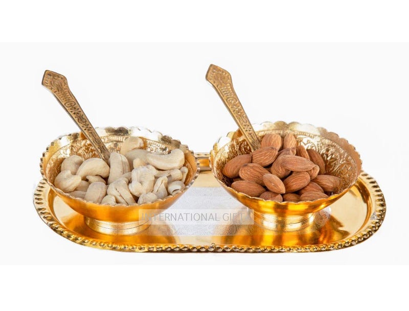 INTERNATIONAL GIFT® German Golden Round Bowl Set with Tray and Spoon with Velvet Gift Box Packing and with Carry Bag (Set of 2 Piece) - Image 3