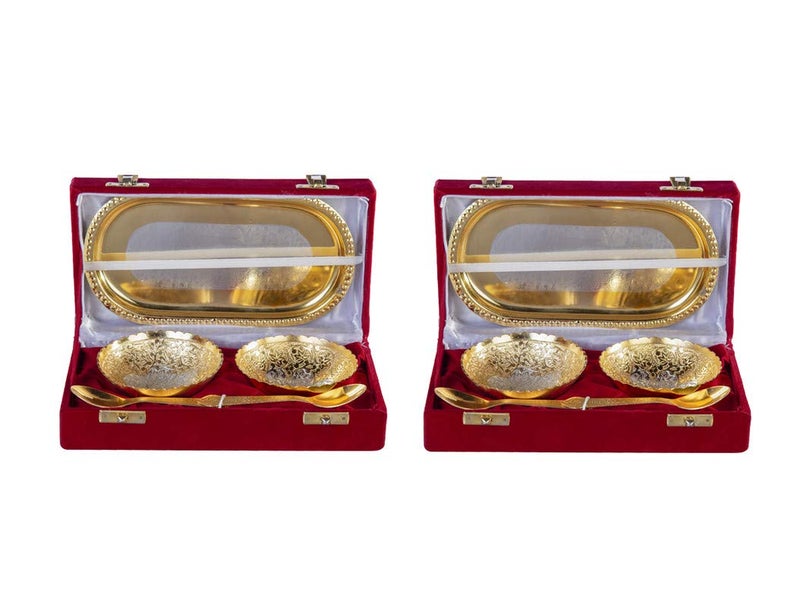 INTERNATIONAL GIFT® German Golden Round Bowl Set with Tray and Spoon with Velvet Gift Box Packing and with Carry Bag (Set of 2 Piece) - Image 5