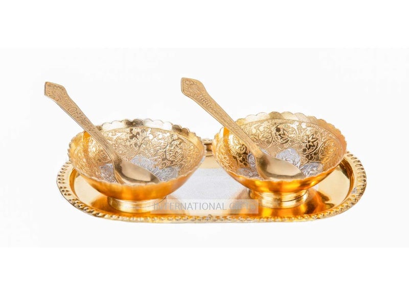 INTERNATIONAL GIFT® German Golden Round Bowl Set with Tray and Spoon with Velvet Gift Box Packing and with Carry Bag (Set of 2 Piece) - Image 2