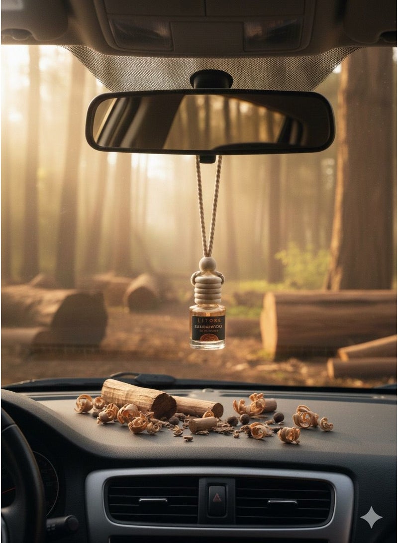 Litore Car Air Freshener 8 ml | Long-Lasting Hanging Diffuser with Essential Oils | Car Perfume for Odor Removal | Elegant Glass Bottle & Wooden Cap Design (Sandal Wood) - Image 5