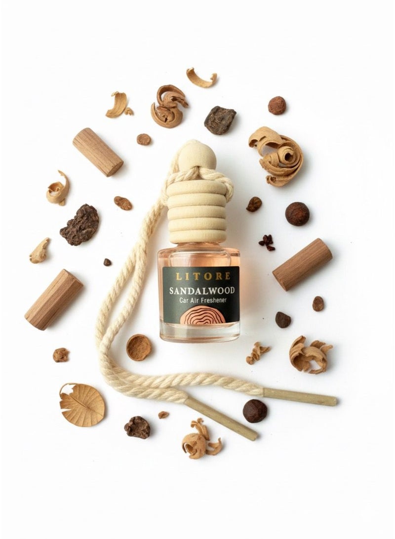 Litore Car Air Freshener 8 ml | Long-Lasting Hanging Diffuser with Essential Oils | Car Perfume for Odor Removal | Elegant Glass Bottle & Wooden Cap Design (Sandal Wood) - Image 3