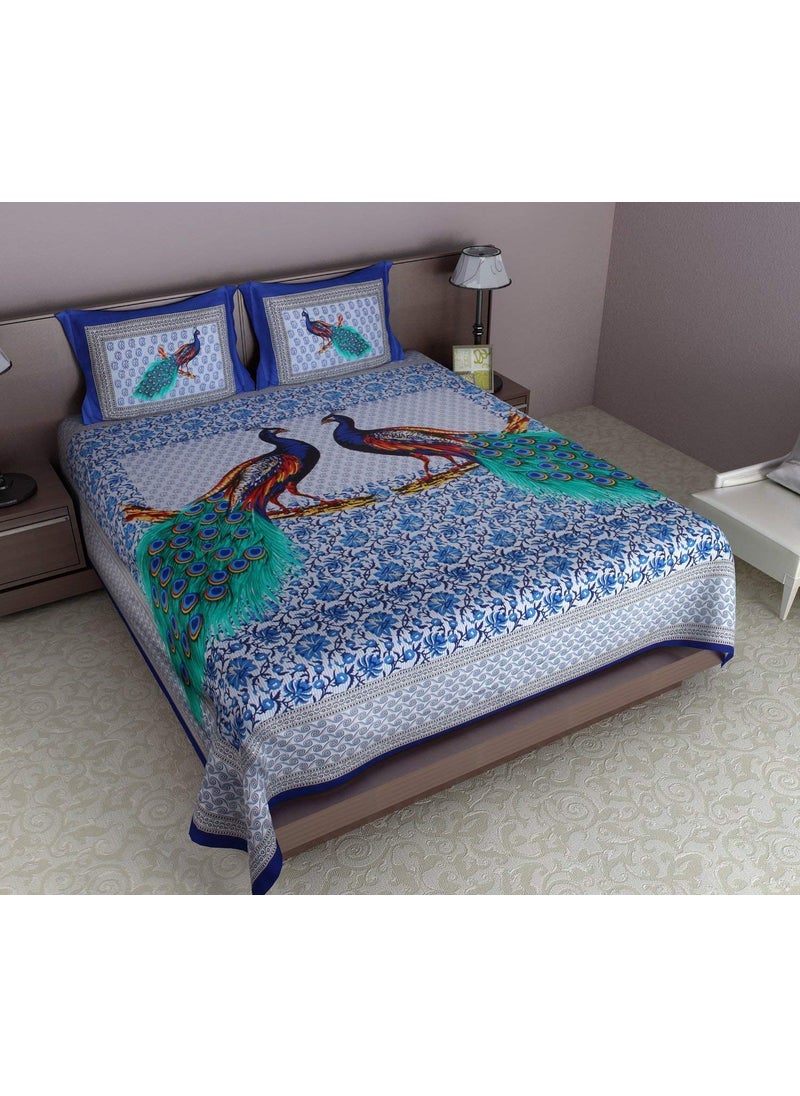 JAIPUR PRINTS JAIPUR PRINTS Cotton 144 TC 100 Cotton Double Bedsheet with 2 Pillow Covers Bule and Green 