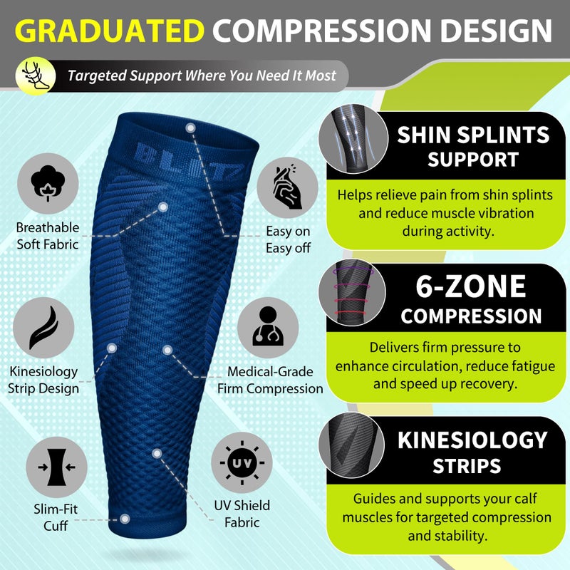 BLITZU Calf Compression Sleeves for Men and Women. Footless Compression Socks Support for Varicose Vein, Nursing, Running. Leg Sleeve Brace for Shin Splints, Pain Relief & Reduces Swelling Navy S-M - Image 3