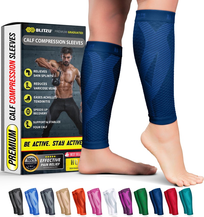 BLITZU Calf Compression Sleeves for Men and Women. Footless Compression Socks Support for Varicose Vein, Nursing, Running. Leg Sleeve Brace for Shin Splints, Pain Relief & Reduces Swelling Navy S-M - Image 1