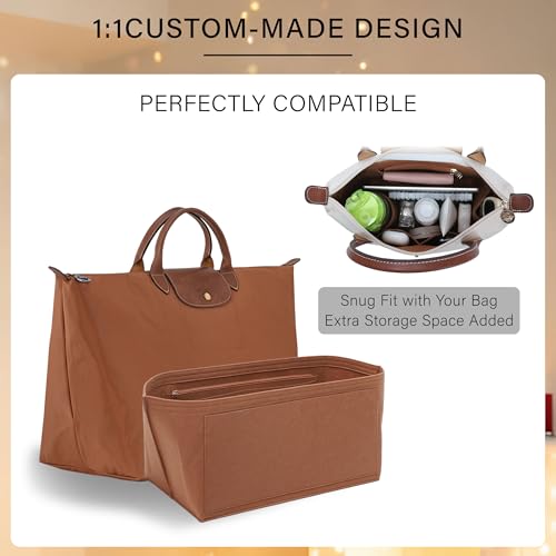OAikor Purse Organizer Insert for Longchamp Le Pliage L Travel Tote Bag, Felt Lightweight Large Travel Tote Divider Shaper with Cup Holder,Zipper Bags Inner Linner with 9 Deepened Pockets,L/Gold-brown - Image 4