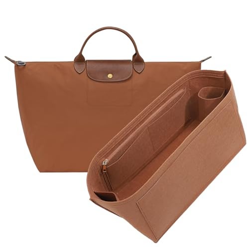 OAikor Purse Organizer Insert for Longchamp Le Pliage L Travel Tote Bag, Felt Lightweight Large Travel Tote Divider Shaper with Cup Holder,Zipper Bags Inner Linner with 9 Deepened Pockets,L/Gold-brown - Image 1
