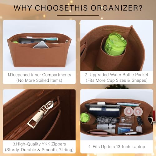 OAikor Purse Organizer Insert for Longchamp Le Pliage L Travel Tote Bag, Felt Lightweight Large Travel Tote Divider Shaper with Cup Holder,Zipper Bags Inner Linner with 9 Deepened Pockets,L/Gold-brown - Image 3