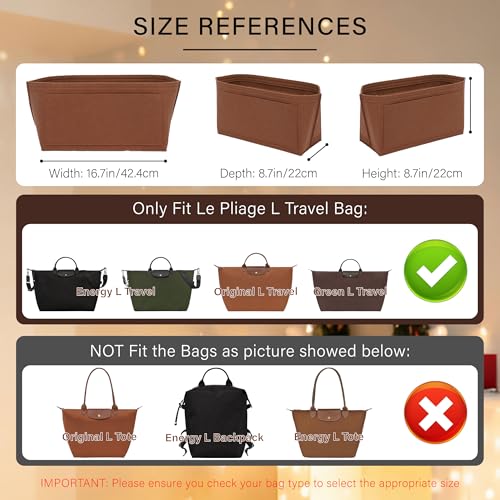 OAikor Purse Organizer Insert for Longchamp Le Pliage L Travel Tote Bag, Felt Lightweight Large Travel Tote Divider Shaper with Cup Holder,Zipper Bags Inner Linner with 9 Deepened Pockets,L/Gold-brown - Image 2