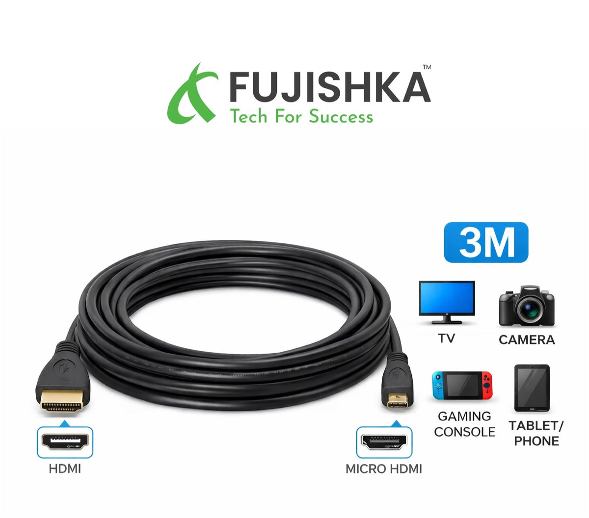 fujishka Fujishka Micro Hdmi To Hdmi Cable 3m 3 M Z0DEA09367129C631F0C0Z